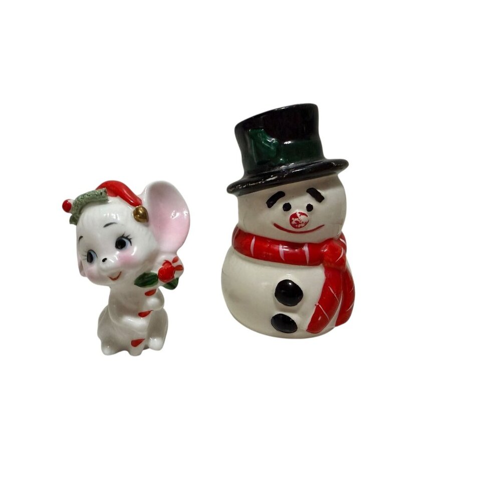 Vintage Ceramic Christmas Snowman & Mouse Miniature Figurines Holiday Decor - Picture 2 of 8